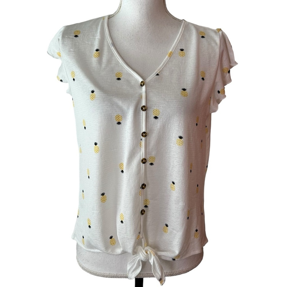 All in Love Short Sleeve Button Down Tie‎ Waist Pineapple Stretch White Top PS